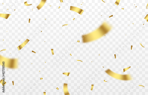Vector confetti png. Gold confetti falls from the sky. Glittering confetti on a transparent background. Holiday, birthday.