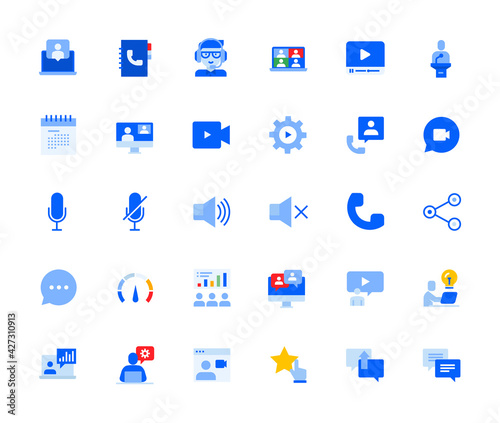 Video call and online communication icons set for personal and business use. Vector illustration icons for graphic and web design, app development, marketing material and business presentation. 