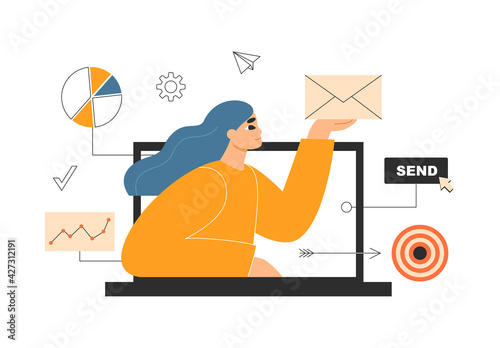 Email marketing, mailing service concept. Manager sending message via a marketing automation system. Email campaign, newsletter. Internet marketer using a laptop. Isolated flat vector illustration