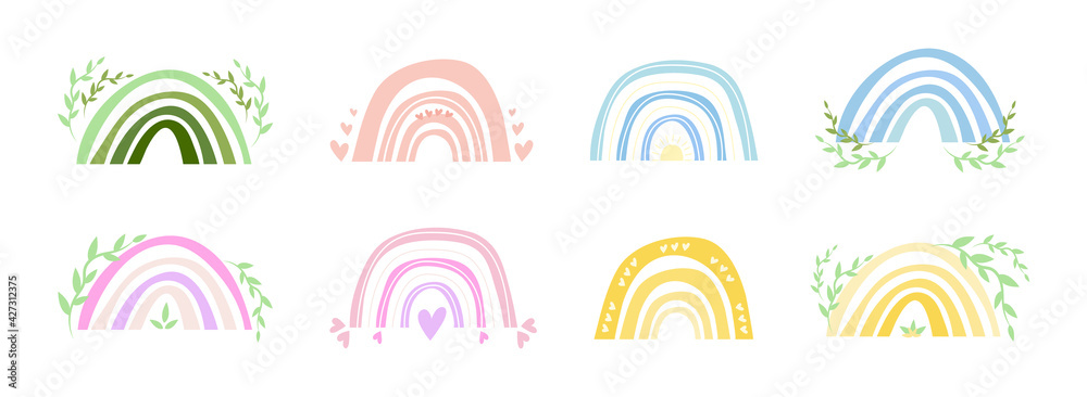 Spring cute rainbows for baby cards, for nursery. Set of baby isolated colored boho rainbows. Easter vector bohemian children's rainbow. Hand drawn boho collection for nursery in spring pastel colors. Spring cute rainbows for baby cards, for nursery. Set of baby isolated colored boho rainbows. Easter vector bohemian children's rainbow. Hand drawn boho collection for nursery in spring pastel colors.