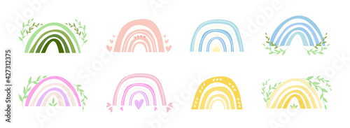 Spring cute rainbows for baby cards, for nursery. Set of baby isolated colored boho rainbows. Easter vector bohemian children's rainbow. Hand drawn boho collection for nursery in spring pastel colors.
