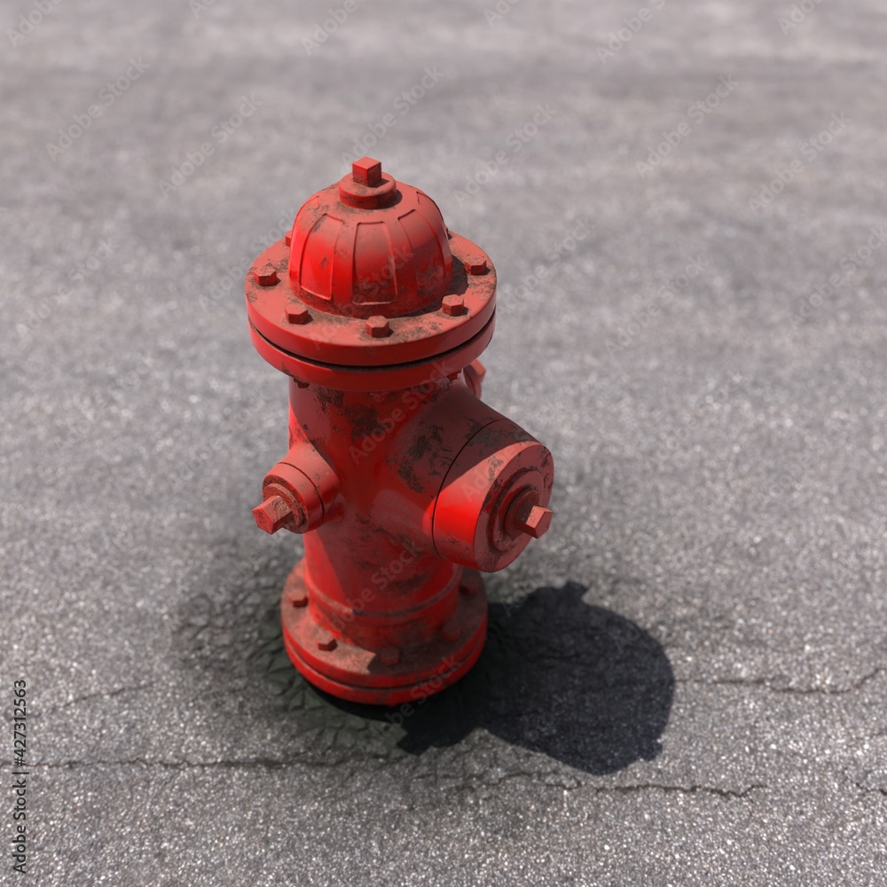 Red fire hydrant on asphalt. Close up 3d render