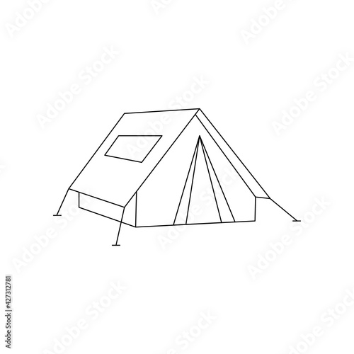 Linear black white tent icon. Simple stock vector illustration isolated on white background. Tent for hiking and traveling. Outline tent for wild life in nature. Can be used as a sticker, symbol, sign