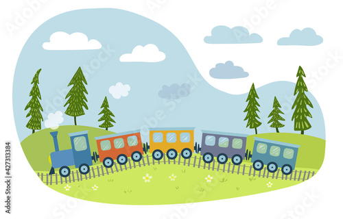 A cute colorful train goes through the fields. Illustration for children in hand drawn style. Vector flat illustration.