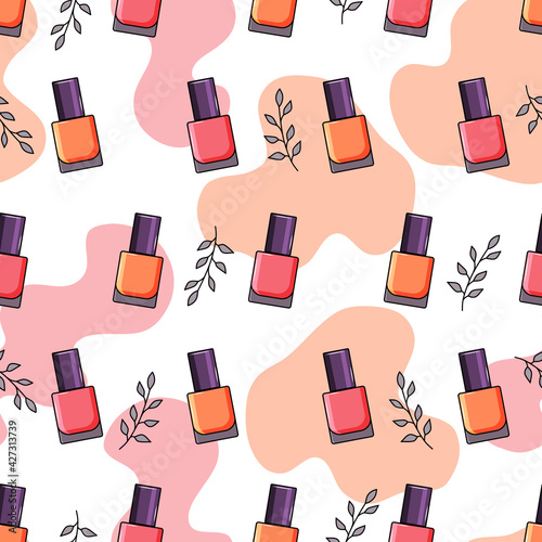 Nail polish, leaves, nail polish spots seamless pattern. Vector background
