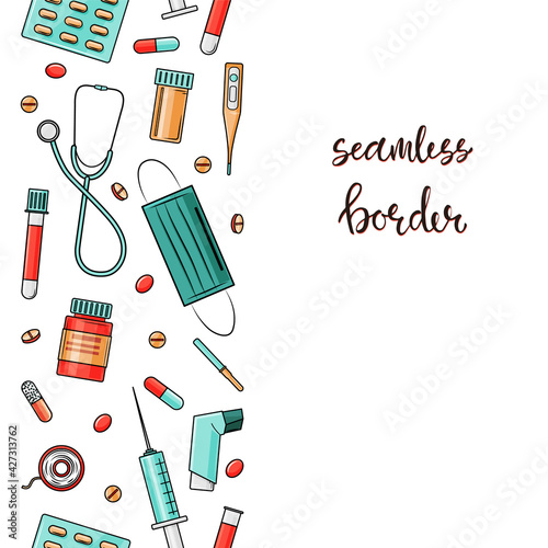 Vertical pattern, seamless ribbon border with medical tools. Isolated on a white background.Vector illustration