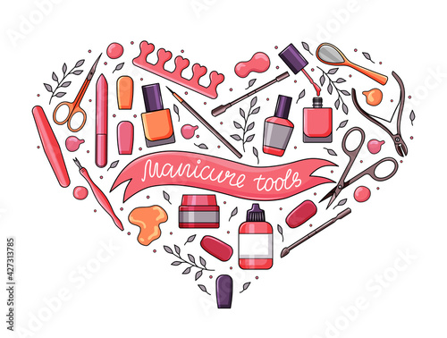 Vector set of manicure tools with an inscription on a white background