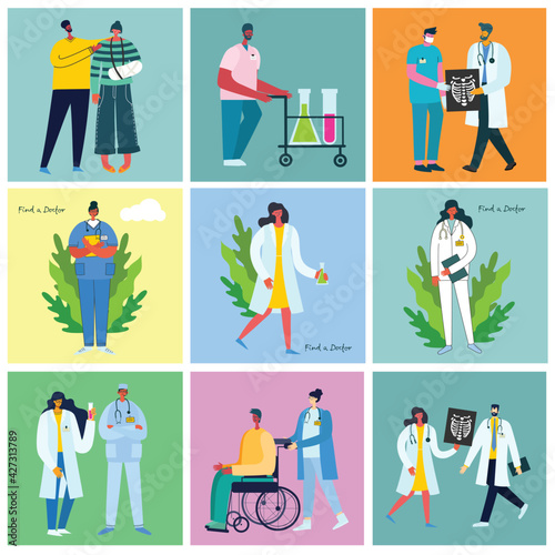 Vector background with disabled people, young handycap persons and friends near helping. World Disability Day.