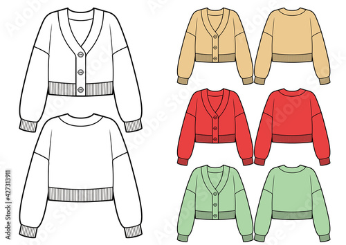 Set of crop cardigans fashion flat sketches, different colors
