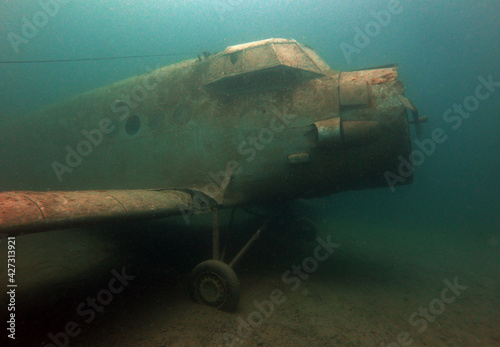 Wreck of Antonow An-2 plane under water in Zakrzowek - articial lake in Cracow, Poland