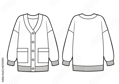 Knitted classic cardigan with pockets and buttons on front, fashion flat sketch template