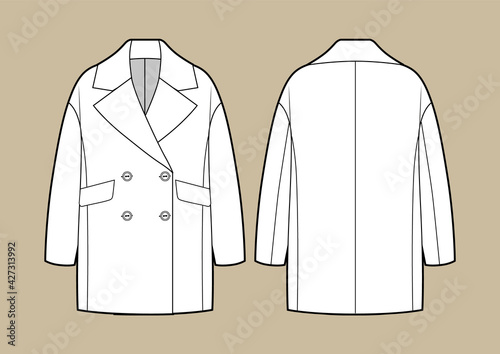 Oversize coat technical fashion illustration with long dropped sleeves, double breasted, oversized body, knee length.