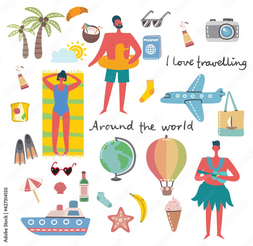 Set of different vector summer people and icons Set of different vector summer people and icons