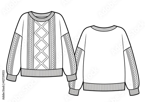 Knitted sweater with braids ornament knitwear, isolated sketch vector.