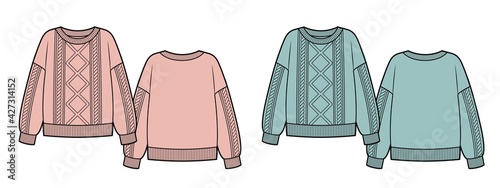 Set of two knitted sweaters with braids ornament knitwear, isolated sketch vector.