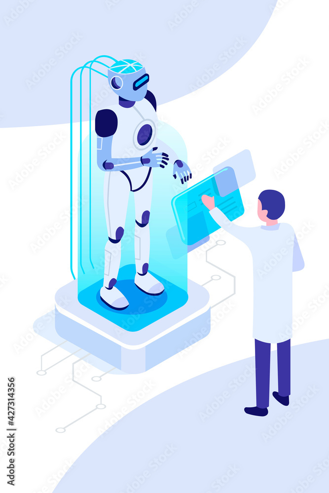 Modern Robot Using Laptop Computer, Futuristic Artificial Intelligence Mechanism Technology Flat Vector Illustration Modern Robot Using Laptop Computer, Futuristic Artificial Intelligence Mechanism Technology Flat Vector Illustration