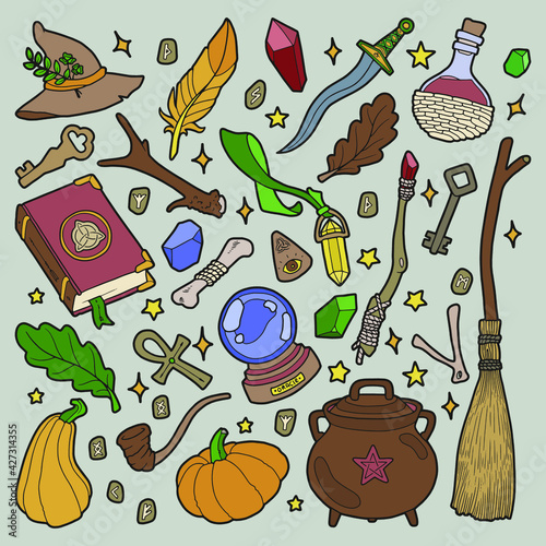 Magic items. Hand drawing illustration. Illustration for Halloween. 