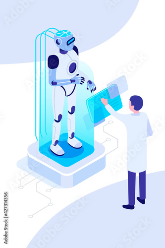 Modern Robot Using Laptop Computer, Futuristic Artificial Intelligence Mechanism Technology Flat Vector Illustration