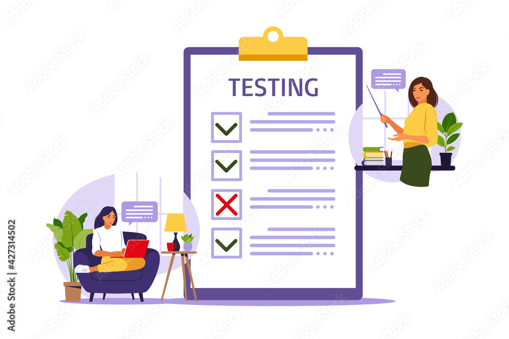 Concept of online exam on internet. Woman sitting near online form survey on laptop. Questionnaire, web learning, electronic voting. Vector illustration. Concept of online exam on internet. Woman sitting near online form survey on laptop. Questionnaire, web learning, electronic voting. Vector illustration.