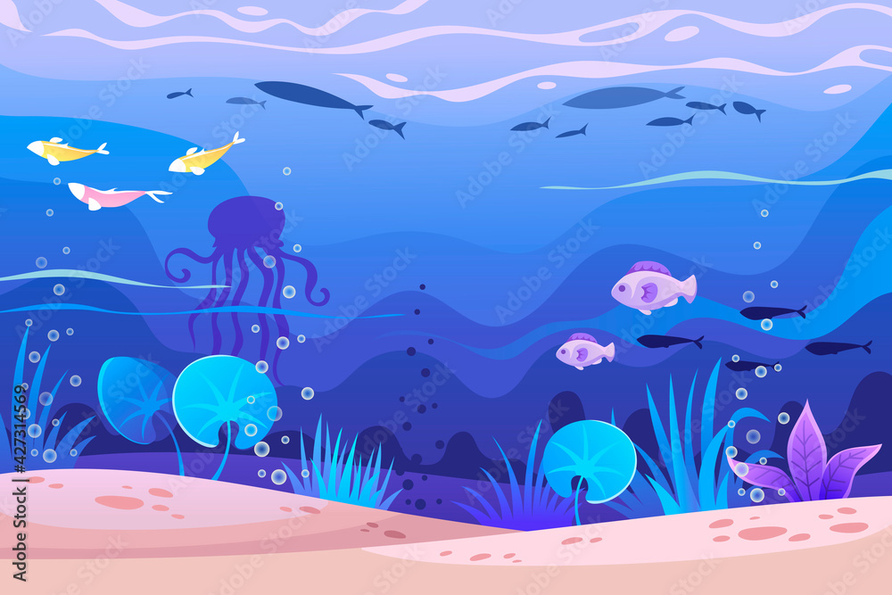 Underwater cartoon landscape. The bottom of the sea. Fish, plants,  jellyfish. Vector horizontal illustration. Children's environment. Backdrop  template for poster, banner, brochure, flyer Stock Vector | Adobe Stock