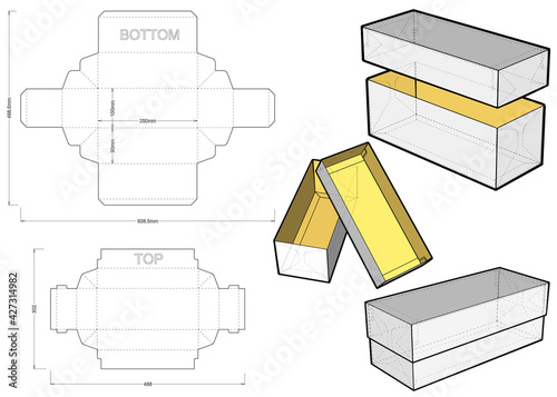 Top and Bottom box (Internal measurement 25x10x90cm) and Die-cut Pattern. Ease of assembly, no need for glue. The .eps file is full scale and fully functional. Prepared for real cardboard production.