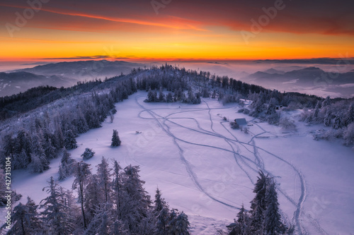 Winter morning in Gorce on the tower on the top of Lubań. A beautiful, romantic atmosphere with a view of the Pieniny Mountains, the Beskids and the Tatra Mountains.  © PawelUchorczak