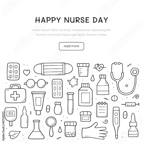 Hand drawn set of Medical doodle objects, elements and items. International nurse day template design. Isolated vector composition.