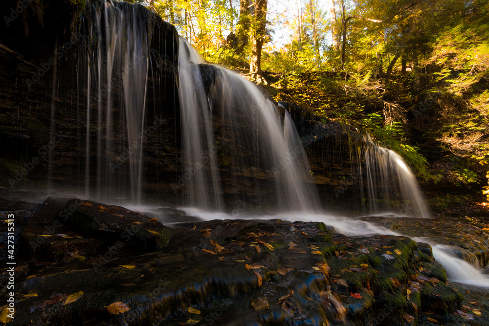 Obraz premium colorful autumn foliage with calming cascading waterfall in Pennsylvania.