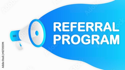 Megaphone REFERAL PROGRAM countdown template with blue objects on white background. Motion graphic.