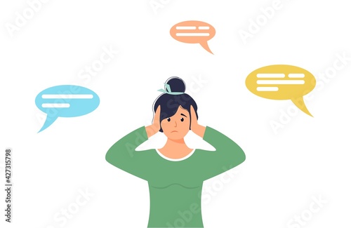 Sad young woman surrounded by negative thought forms. Female character covers her ears with her hands. Сoncept of fears, anxiety and social disapproval. Flat vector illustration.
