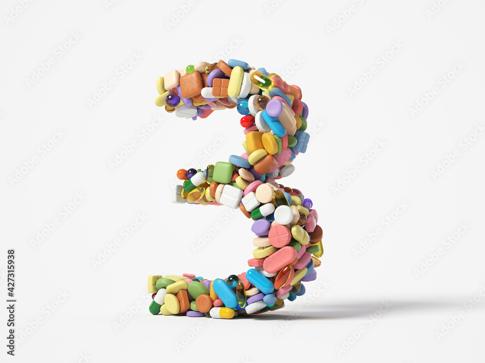 different pills stack in shape of number 3. suitable for medicine, healthcare and science themes. 3D illustration, isolated on white background