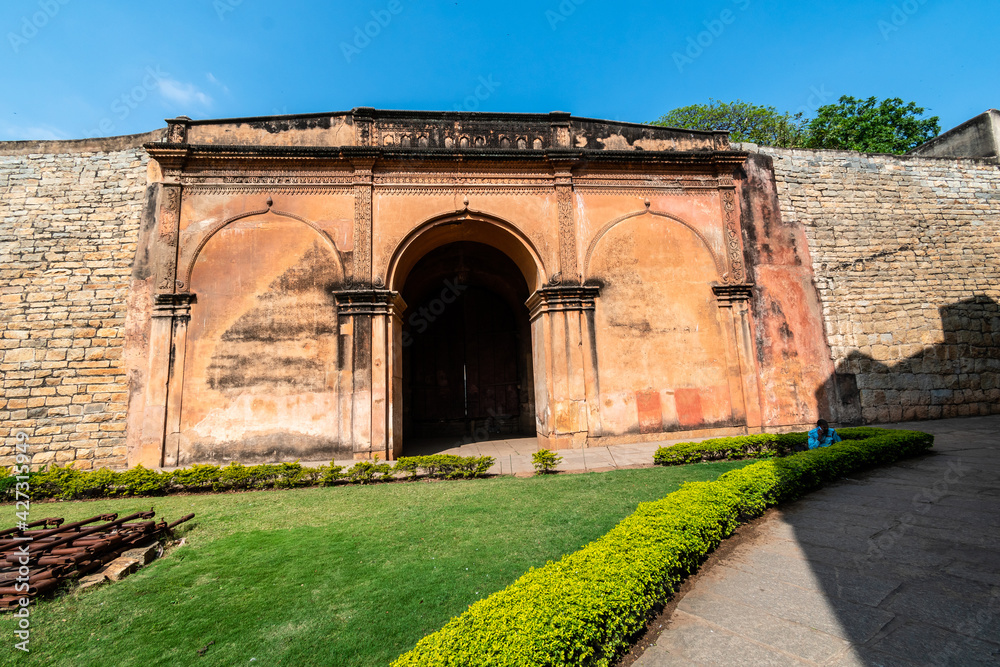 The vintage brick walls of the ancient Bengaluru Fort in the old town area of the city.