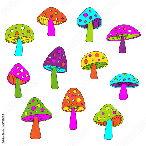 mod neon colors mushroom vector illustrations