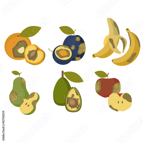 Rotten fruits set. Spoiled apricot, plum, banana, pear, avocado and apple. Isolated icons