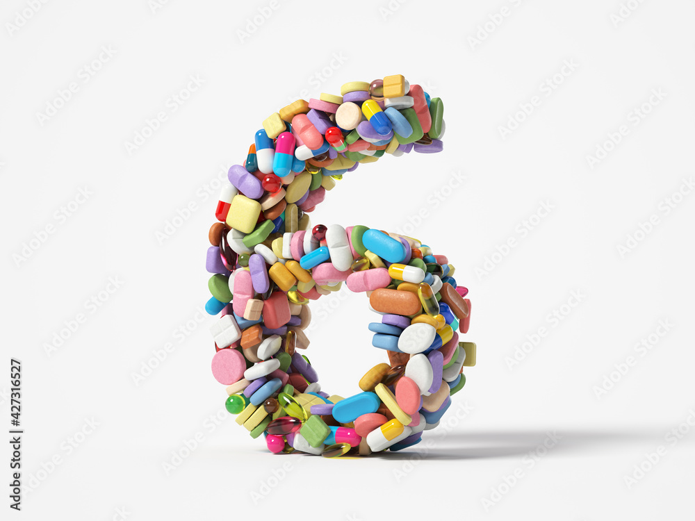 different pills stack in shape of number 6. suitable for medicine, healthcare and science themes. 3D illustration, isolated on white background different pills stack in shape of number 6. suitable for medicine, healthcare and science themes. 3D illustration, isolated on white background