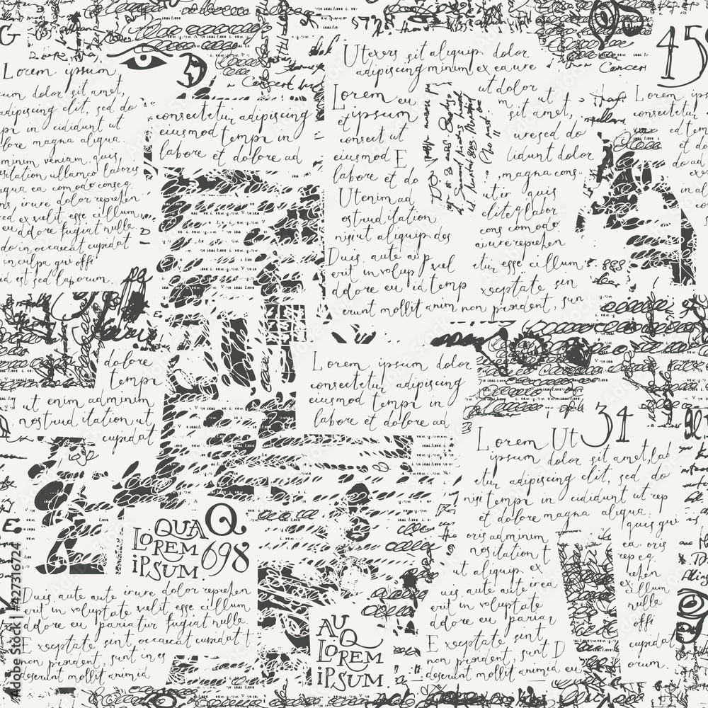 Abstract seamless pattern with handwritten text Lorem Ipsum, illegible scribbles and doodles on a light backdrop. Monochrome vector background in retro style. Wallpaper, wrapping paper, fabric
