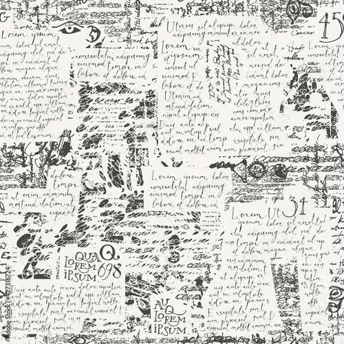 Abstract seamless pattern with handwritten text Lorem Ipsum  illegible scribbles and doodles on a light backdrop. Monochrome vector background in retro style. Wallpaper  wrapping paper  fabric