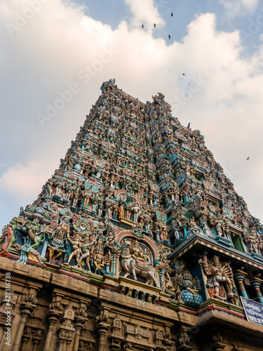 A gopuram tower of the ancient Hindu temple complex of Meenakashi Amman in the city of Madurai.