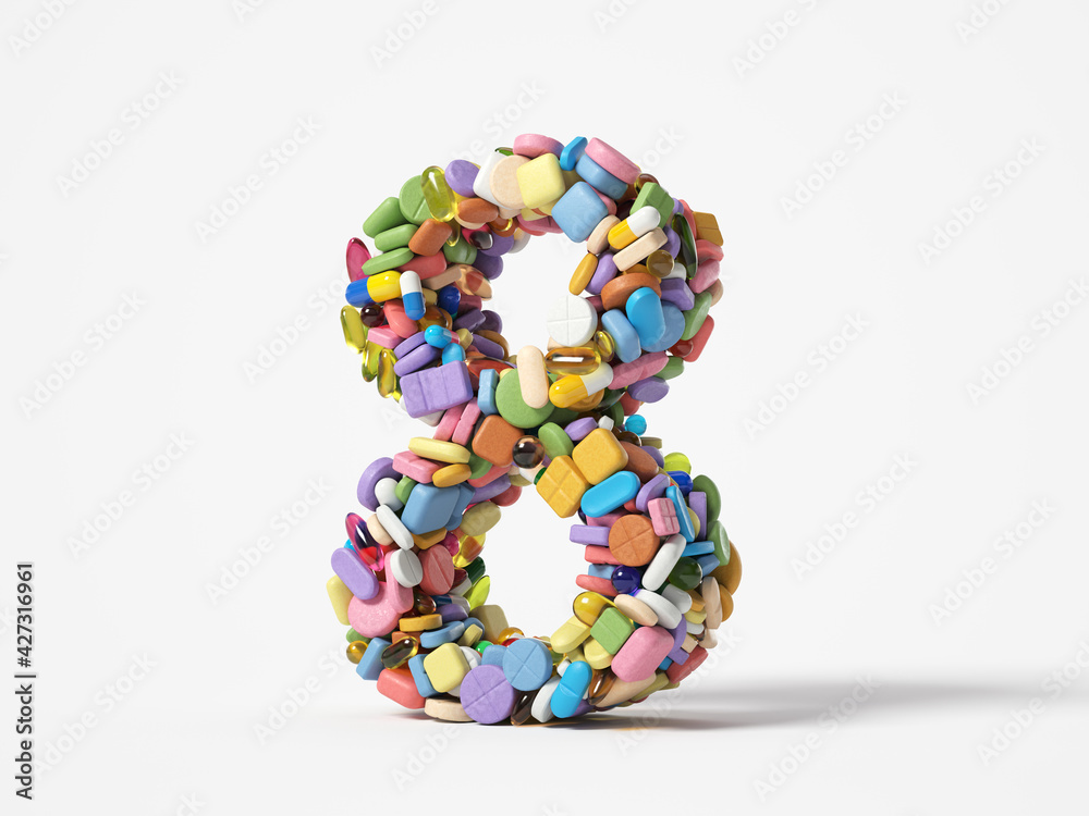 different pills stack in shape of number 8. suitable for medicine, healthcare and science themes. 3D illustration, isolated on white background different pills stack in shape of number 8. suitable for medicine, healthcare and science themes. 3D illustration, isolated on white background