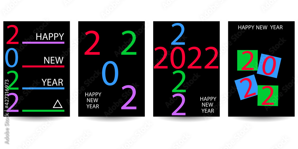 New Year 2022. Minimalistic set of templates with numbers. Trendy backgrounds design for covers, greetings, holidays, posters, cards, sales, branding. Vector.