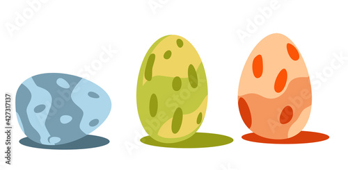 a set of three spotted eggs in different colors, blue, green and red. Perhaps these are eggs of a quail, thrush or dinosaur. Vector illustration isolated on white background.