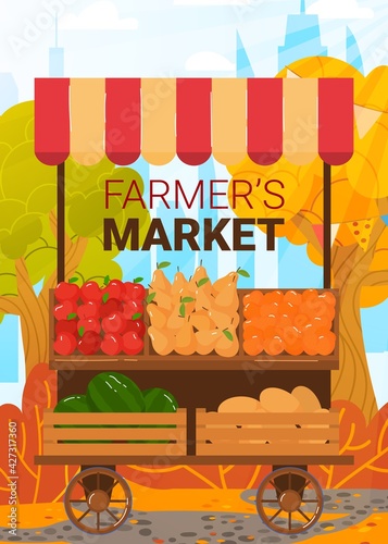 Organic food, market counter, farmer vegetable, harvest fresh healthy, business kiosk, design, cartoon style vector illustration.