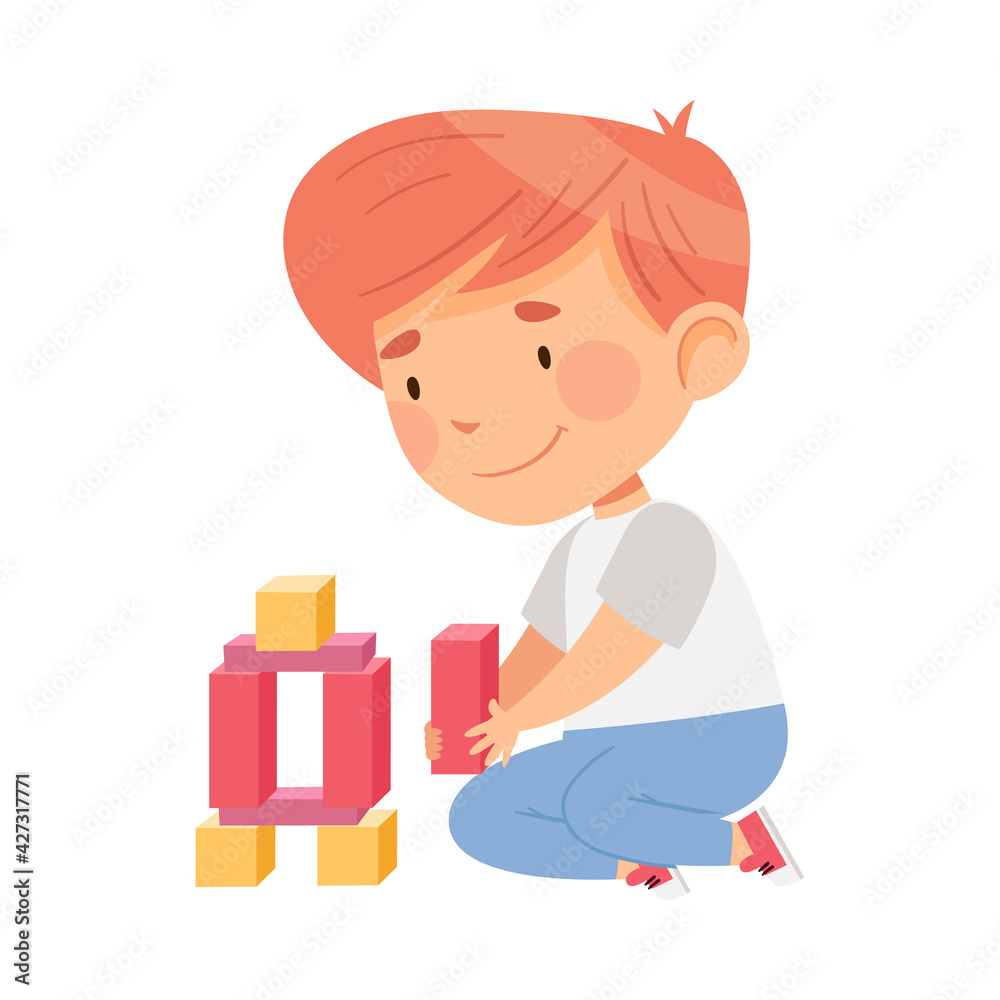 Redhead Boy Sitting on the Floor in Nursery Playing Toy Blocks Vector Illustration