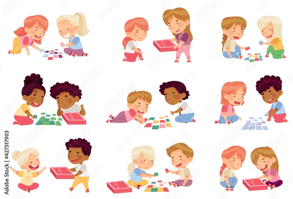 Happy Little Kids Playing Jigsaw Puzzle on the Floor Vector Set