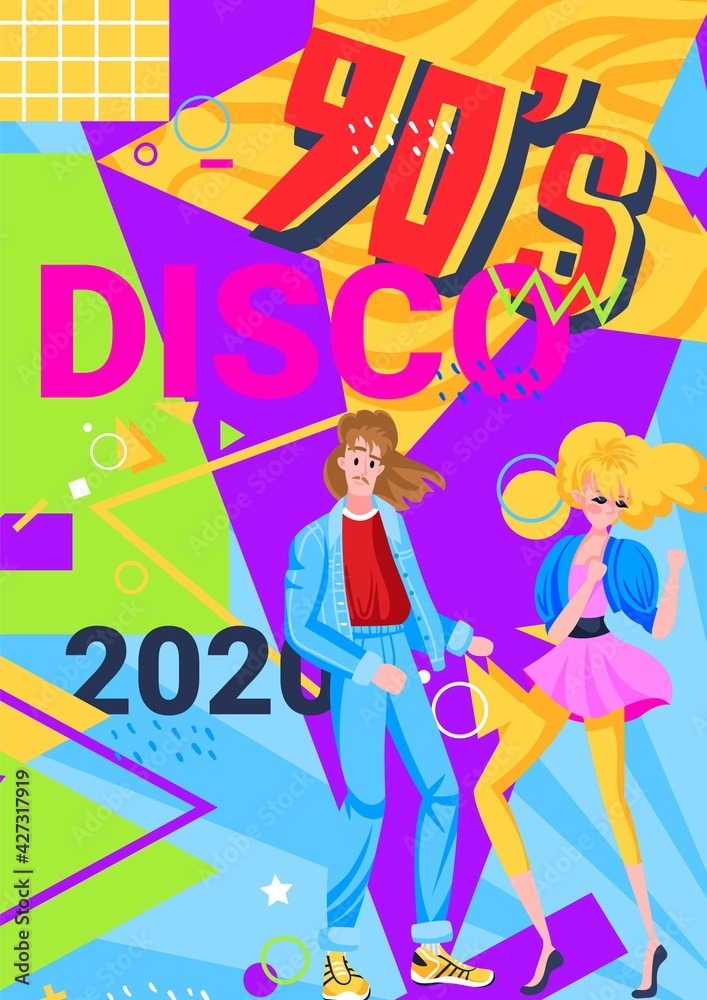 Disco retro, template girl, boy, message banner, party modern, music poster, design, in cartoon style vector illustration. Disco retro, template girl, boy, message banner, party modern, music poster, design, in cartoon style vector illustration.