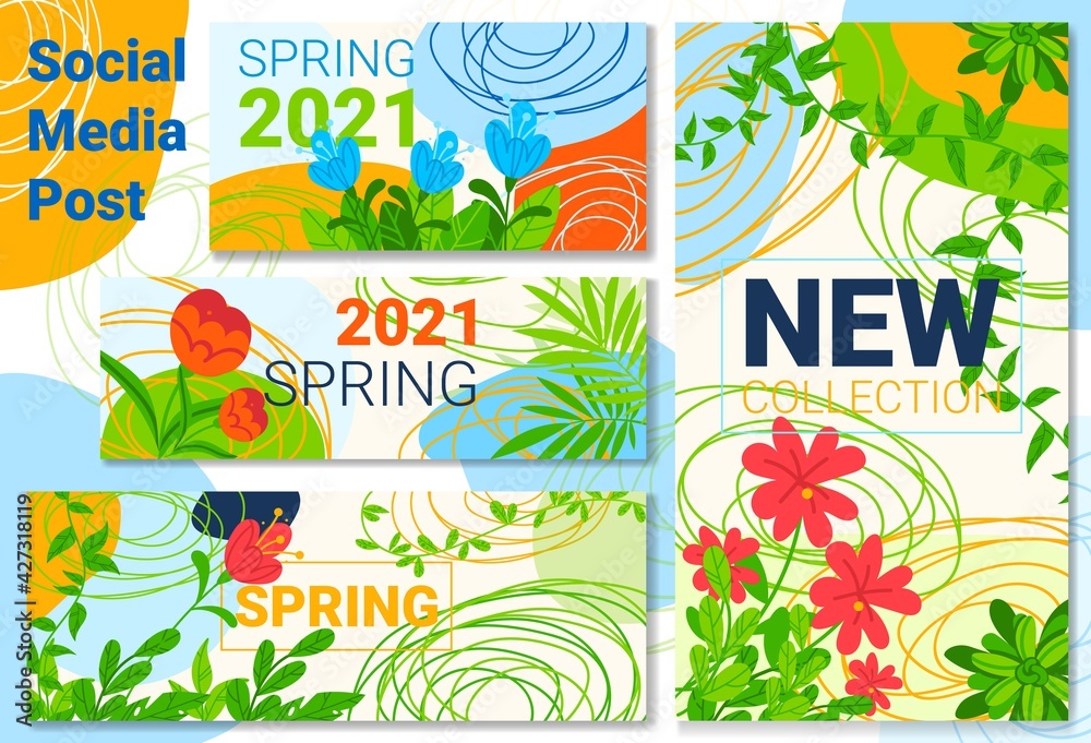 Spring sale, new banner background, season plant nature, post green flower, design, in cartoon style vector illustration.