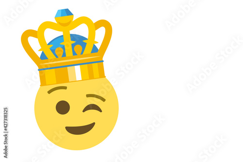 winking face emoji with crown on white background copy space,vector illustration