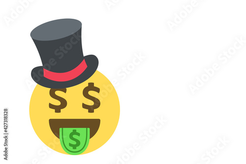 money face emoji with top hat on white background copy space,oligarch,rich,wealth,luxury,concept vector illustration