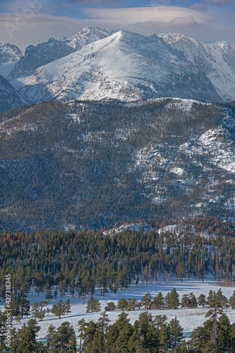Winter landscape at sunrise of the Rocky Mountains, Rocky Mountain National Park, Colorado, USA