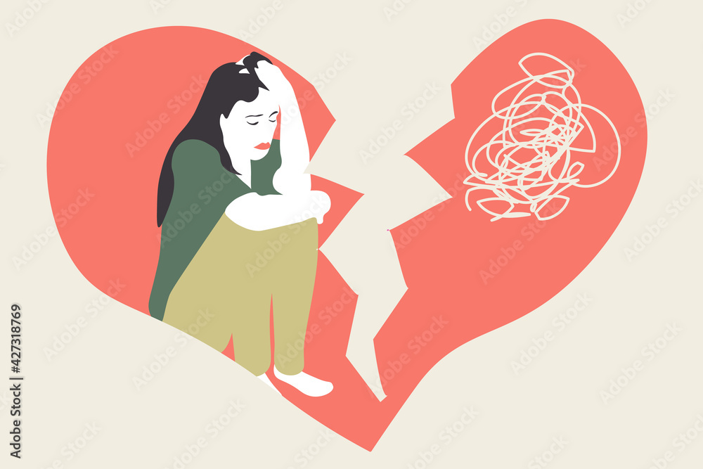 Broken heart concept. Upset and depressed woman. Anxiety, mental health, love. Broken heart concept. Upset and depressed woman. Anxiety, mental health, love.